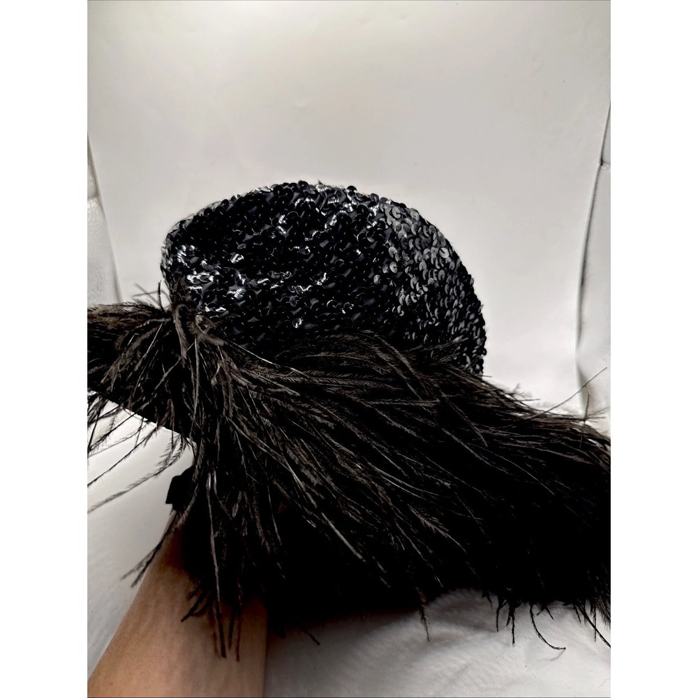 Vintage 1950s Henry Margu Original Hat Ostrich Feathers Black Sequin Stunning - Picture 9 of 10